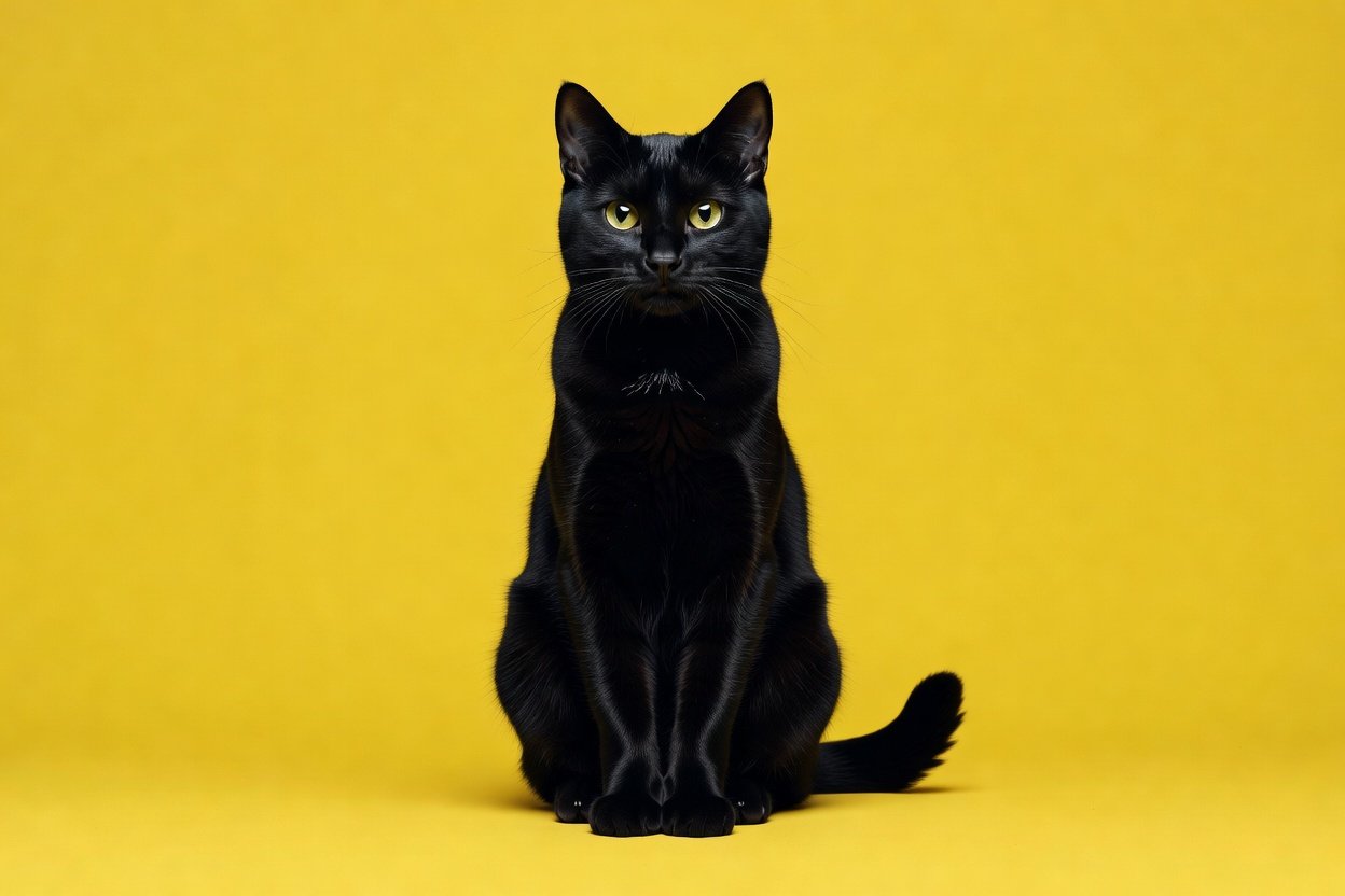 Black cat with yellow eyes on a yellow background